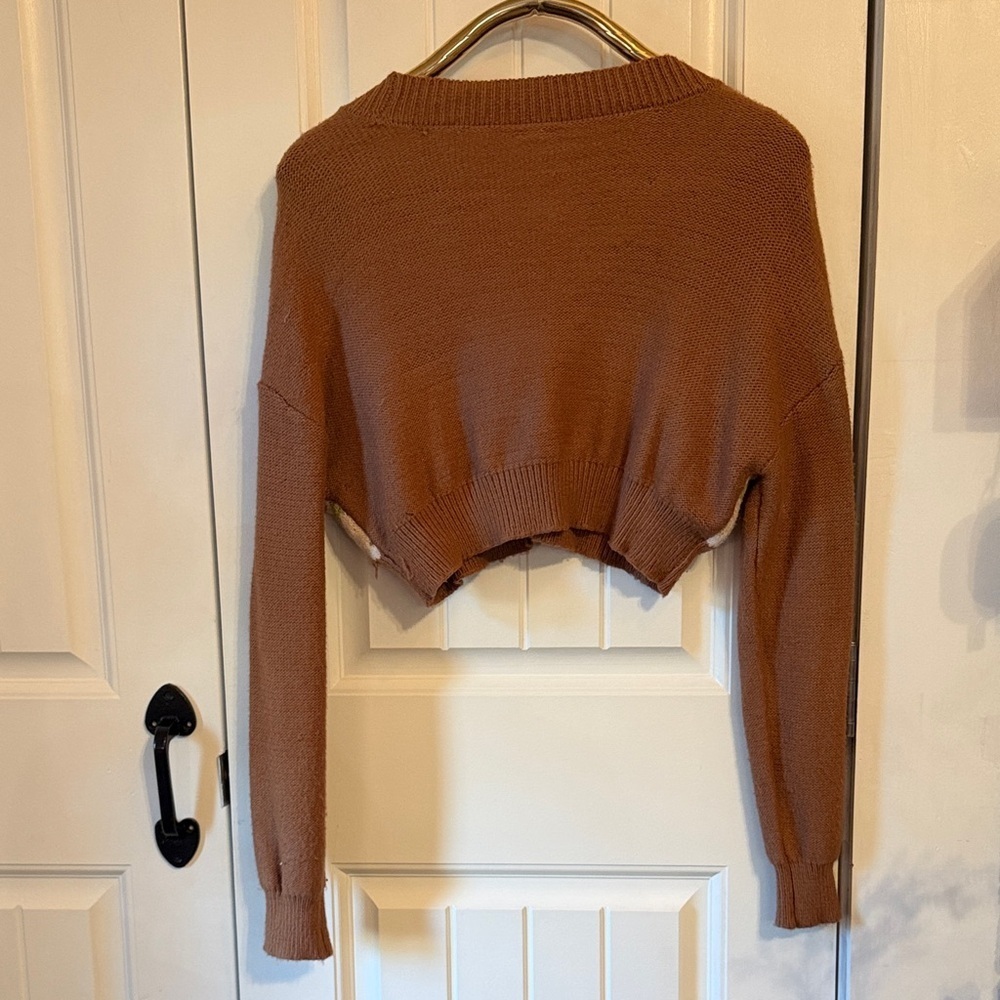 Garage Women's New P/S Brown Plaid Button Down V Neck Cropped Cardigan Sweater - Picture 7 of 10